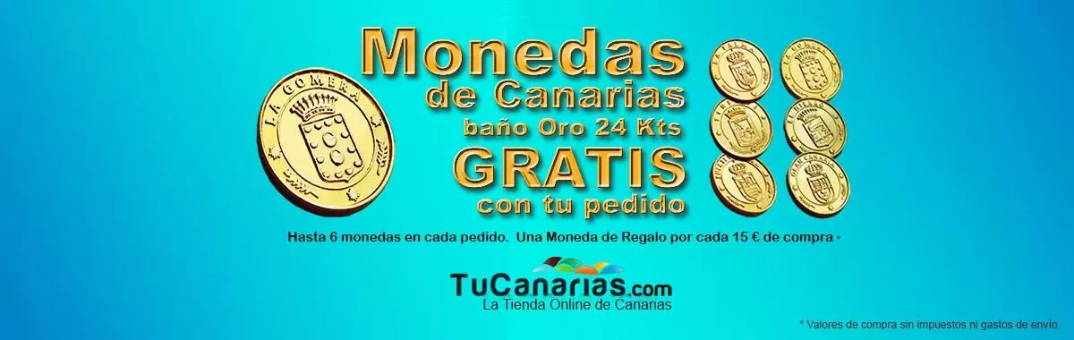 Regalos TuCanarias.com - hasta 6 monedas diferentes de las Islas Canarias bañadas en oro de 24 kts por cada pedido.